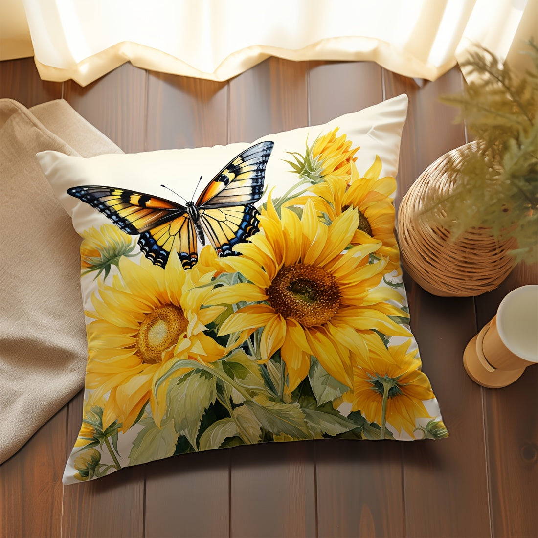 Sunflower Butterfly Design Throw Pillow Cover 45x45cm Peach Skin Velvet Decorative Sofa Bed Bedroom
