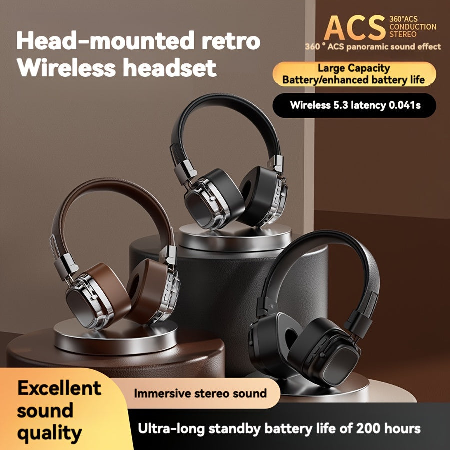 Retro Style Wireless Headphones Noise Cancelling Earmuffs Long Battery Life Wired Support Outdoor Activities