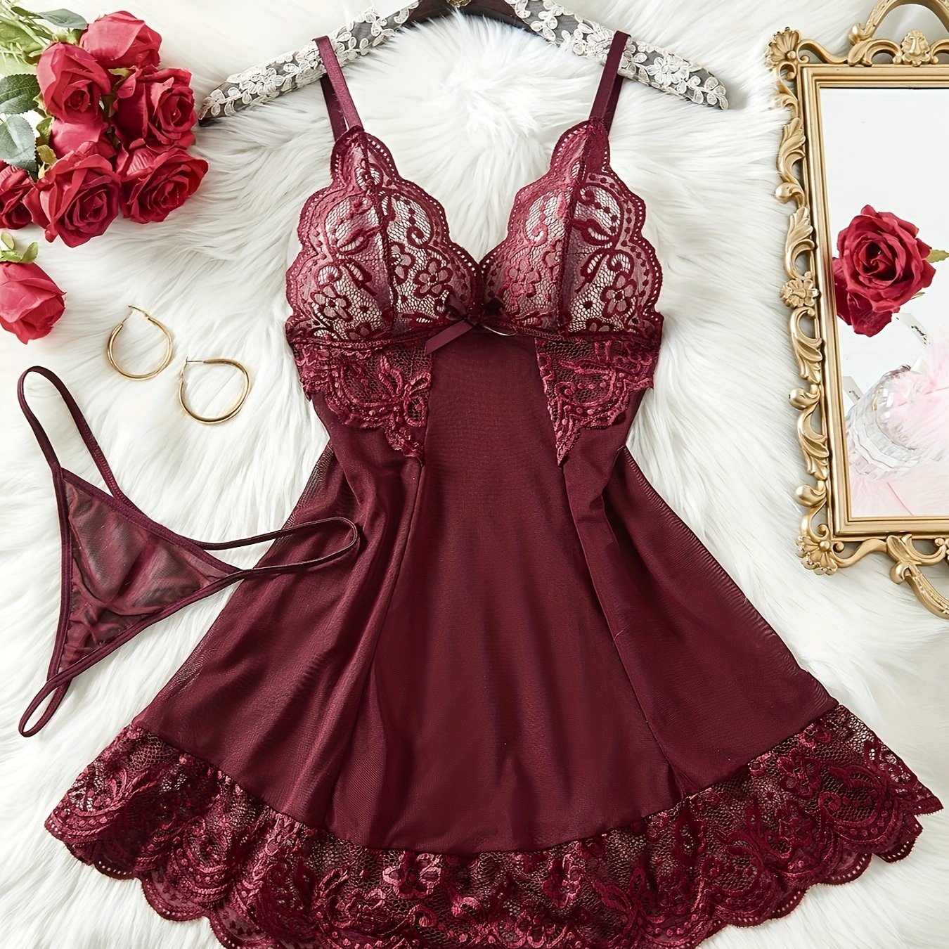 Бургундский кружевной пижамный комплект для женщин, без пояса и подкладки, средняя поддержка, изготовлен из взрослой трикотажной полиэстеровой ткани, идеален для экзотического нижнего белья и ночной одежды.