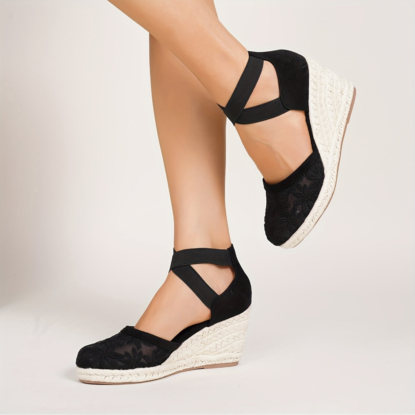 Women's Black High Heel Espadrille Pumps With Non-Slip Wedge and Ankle Straps