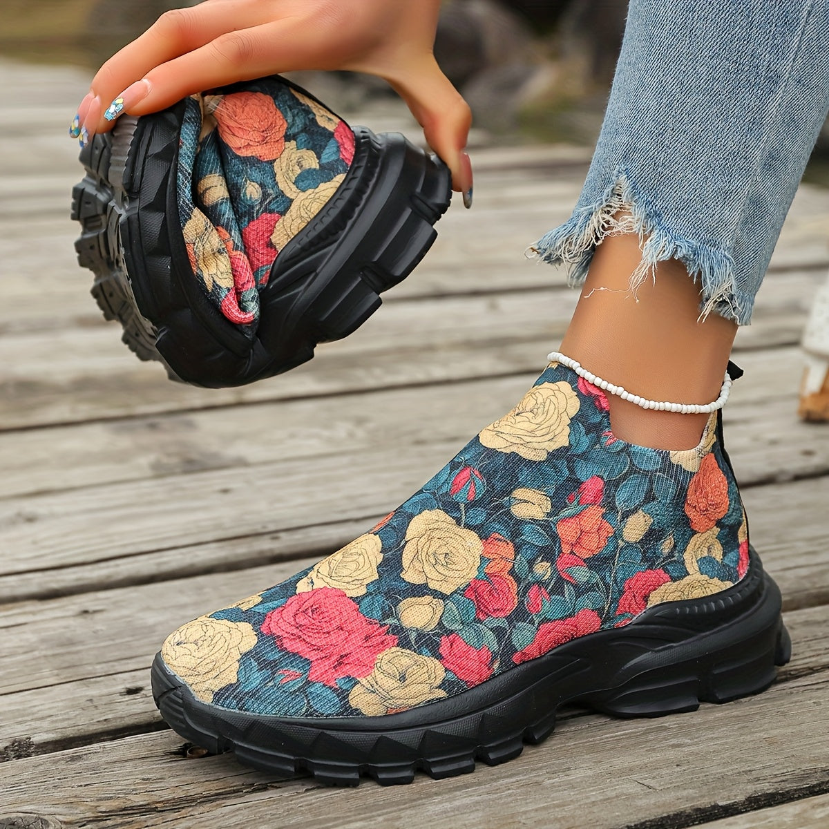 Women's Floral Print Slip-On Sneakers | Lightweight Breathable Fabric, Red Roses