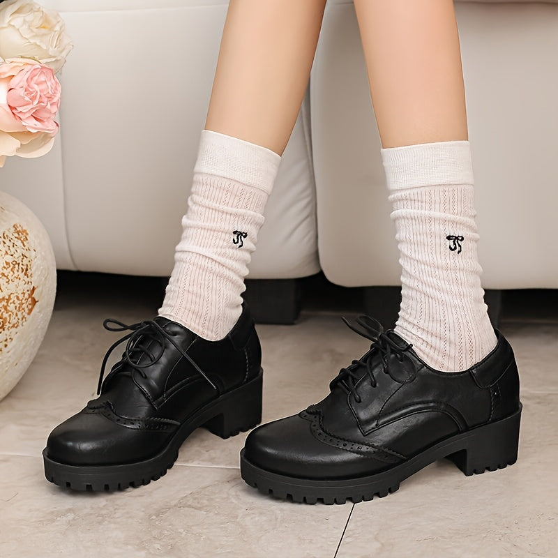 Women's Retro Brogue Oxfords Black Faux Cover Anti-Slip Thick Sole Shoes Size 44 45