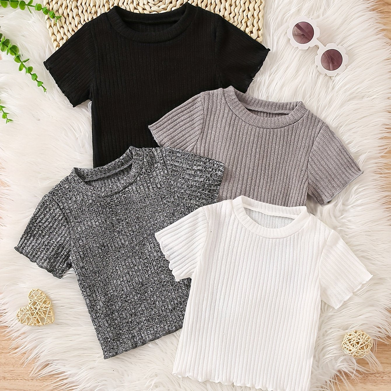 Детские летние футболки с коротким рукавом из рибаны однотонные, упаковка из 4