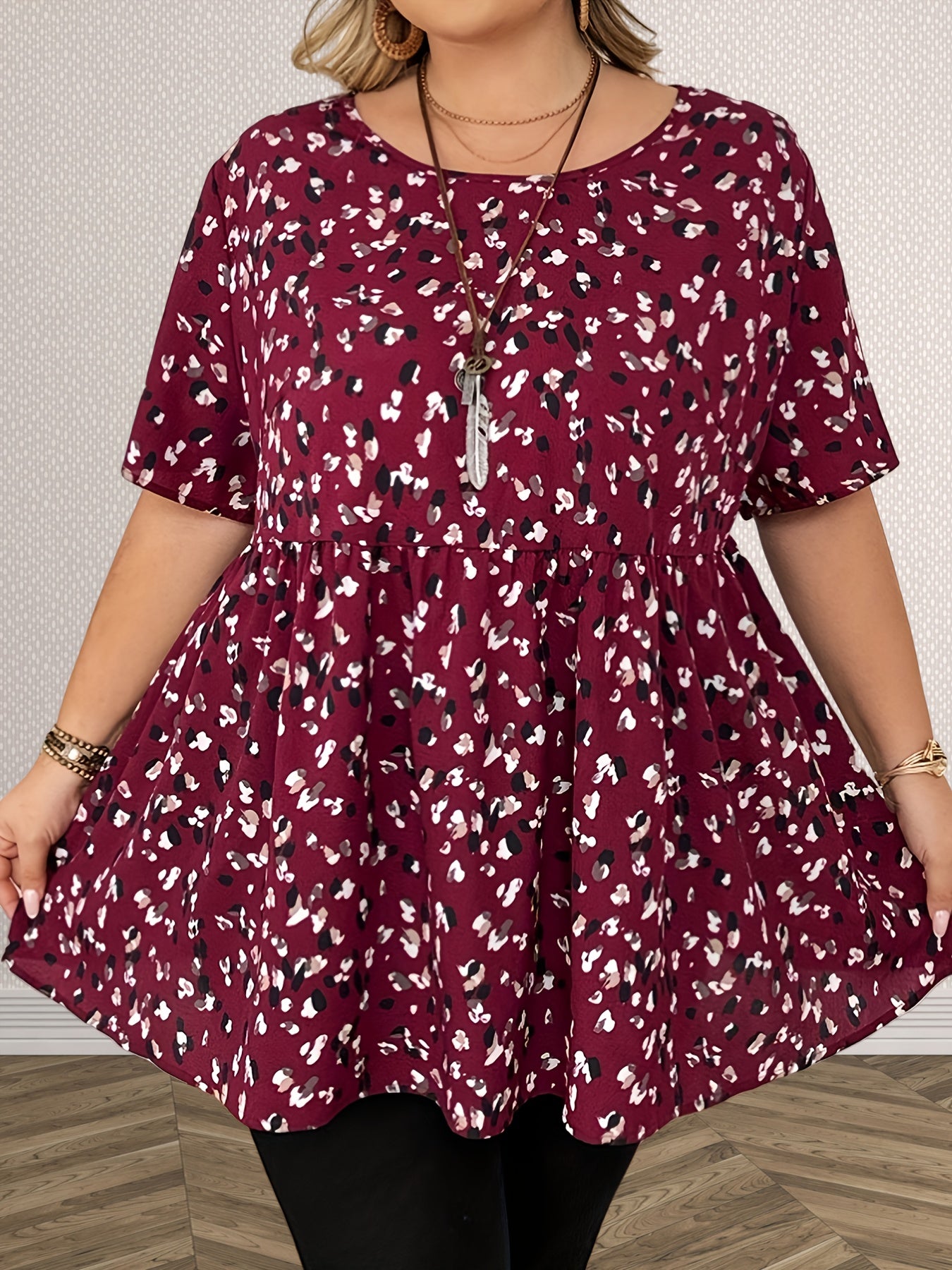Women's Plus Size Floral Print Blouse Crew Neck Short Sleeve Casual Top