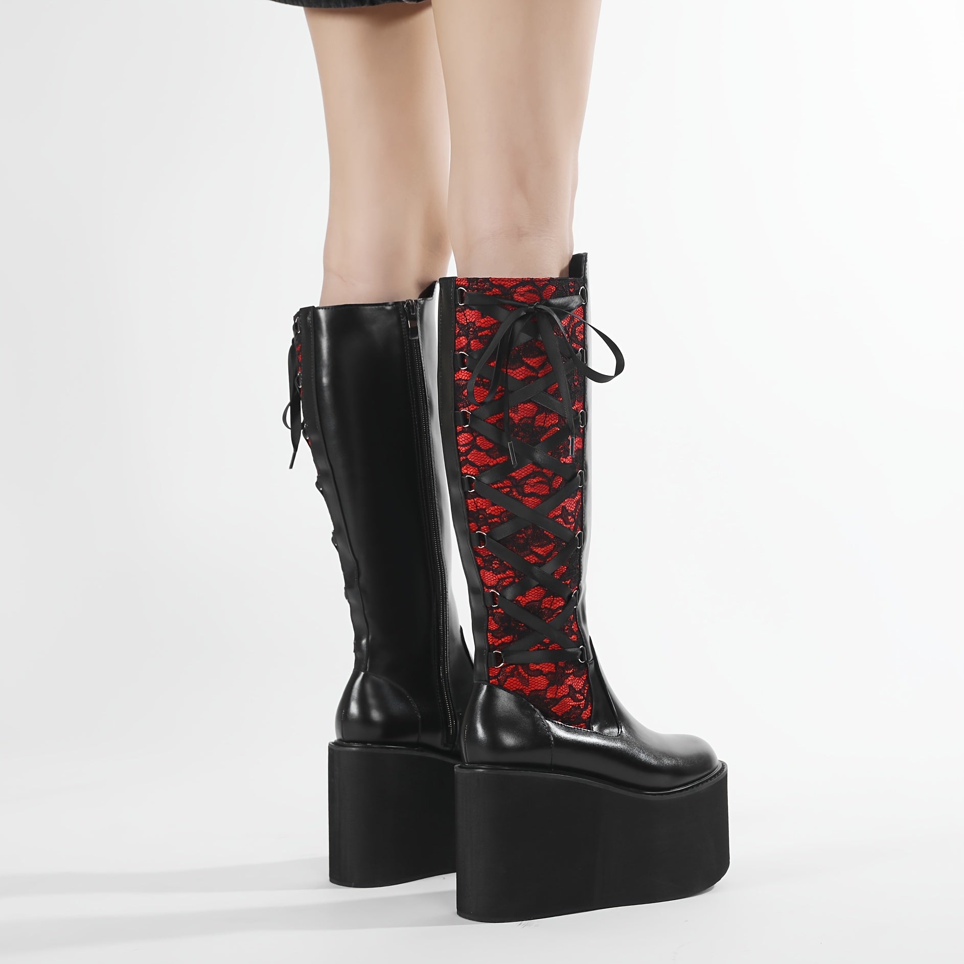 Women's Faux Leather Floral Lace-Up Knee-High Winter Boots Black Red Wedge