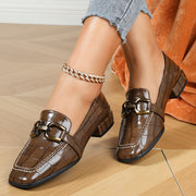 Women's Crocodile-Textured Synthetic Loafers Low Block Heel Square Toe Shoes