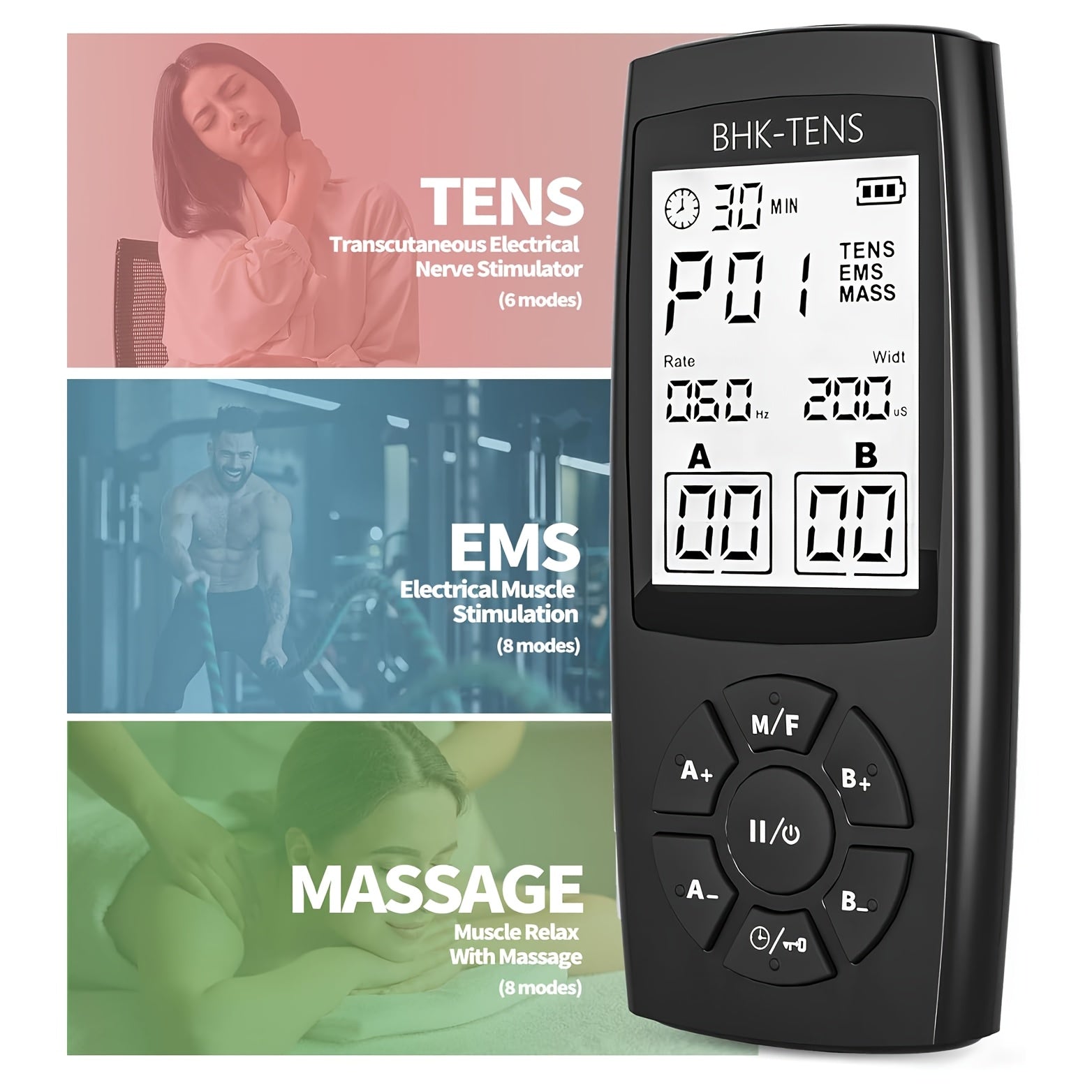 BHK-TENS Qayta zaryadlanadigan TENS qurilmasi - Og'riq terapiyasi uchun USB orqali zaryadlanadigan EMS mushak stimulyatori