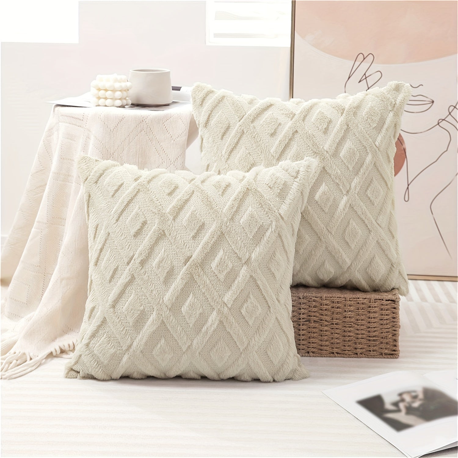 Beige Faux Wool Throw Pillow Covers 18x18 Inches for Couch Sofa Decor