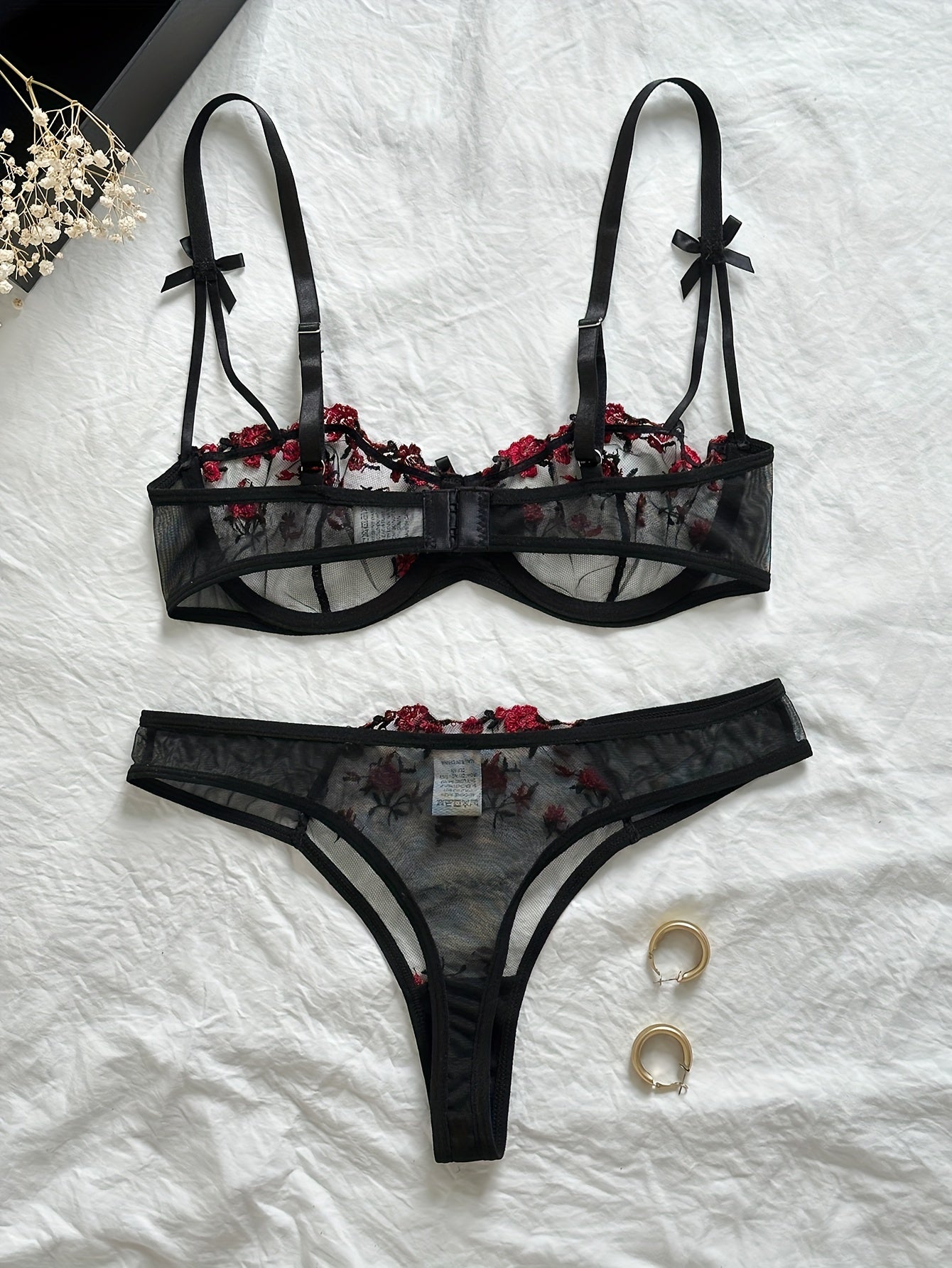 Women's Floral Embroidered Lingerie Set with Mesh Bra and Panty