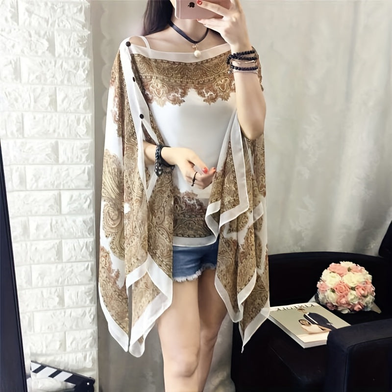 Women's Bohemian Floral Chiffon Shawl Large UV Protection Beach Cover-Up