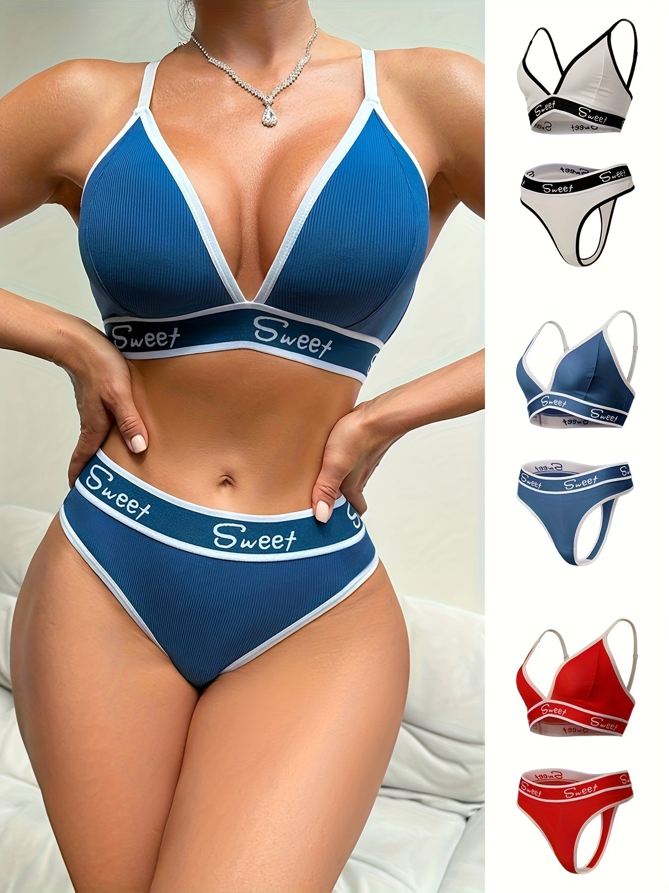 Women's Sporty Lingerie Set Triangle Bra Thong Panties Breathable Polyester
