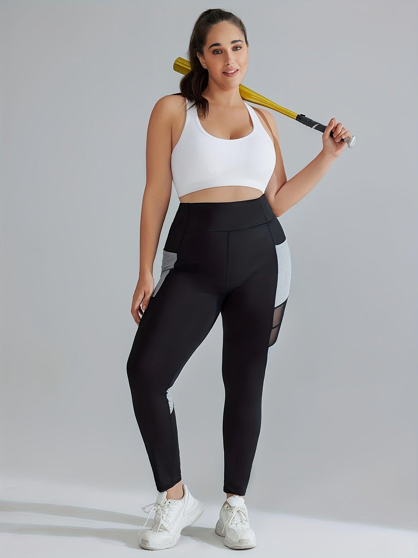 Women's Plus Size High-Waisted Yoga Leggings with Pockets Black Gray Mesh