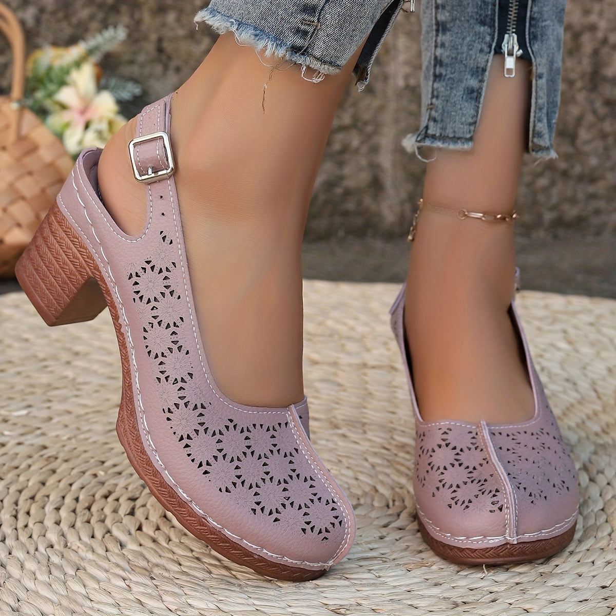 Women's High Heels Leather Closed Toe Strappy Chunky Heel Summer