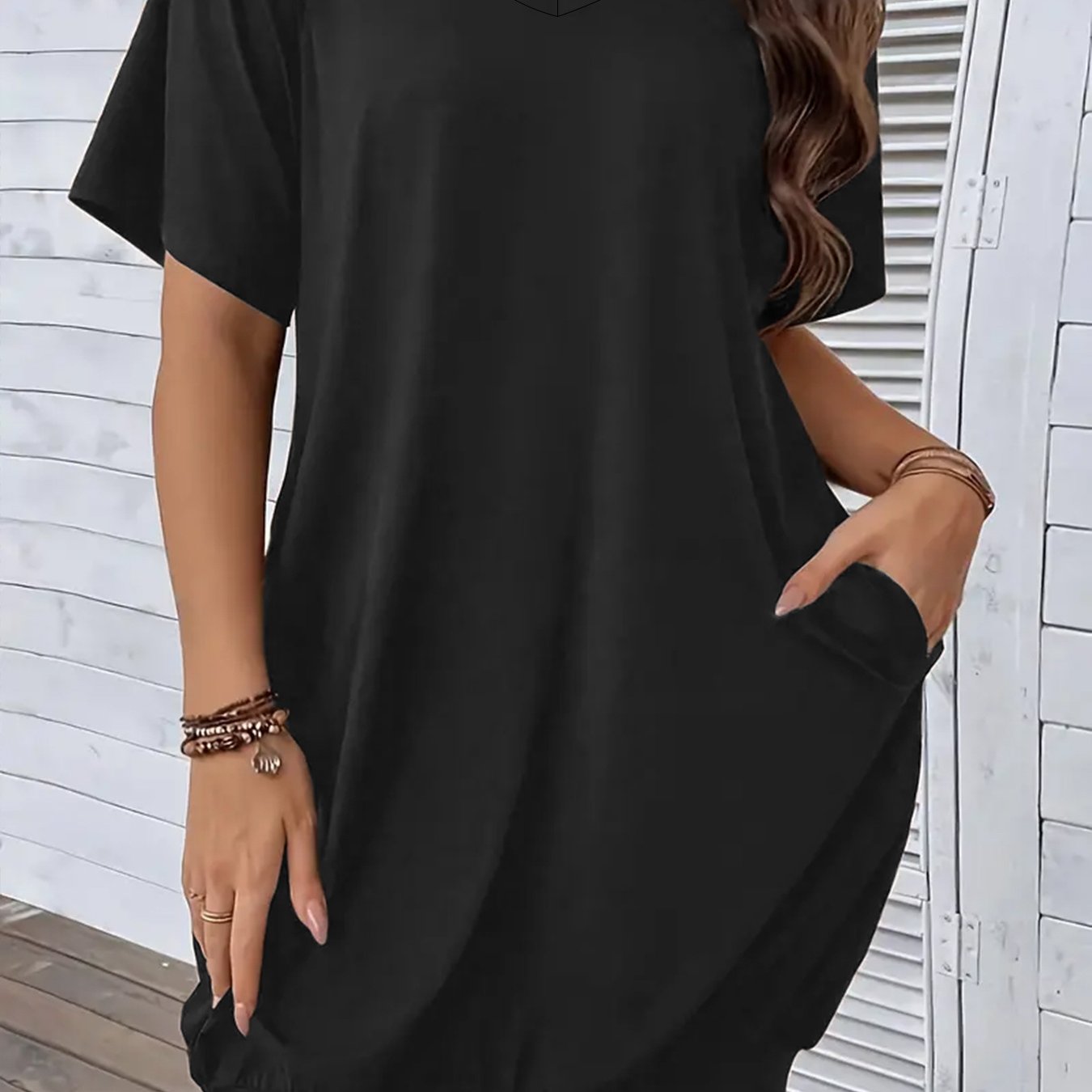 Plus Size Women's V-Neck T-Shirt Dress with Pockets Short Sleeve Casual Spring Summer Fall