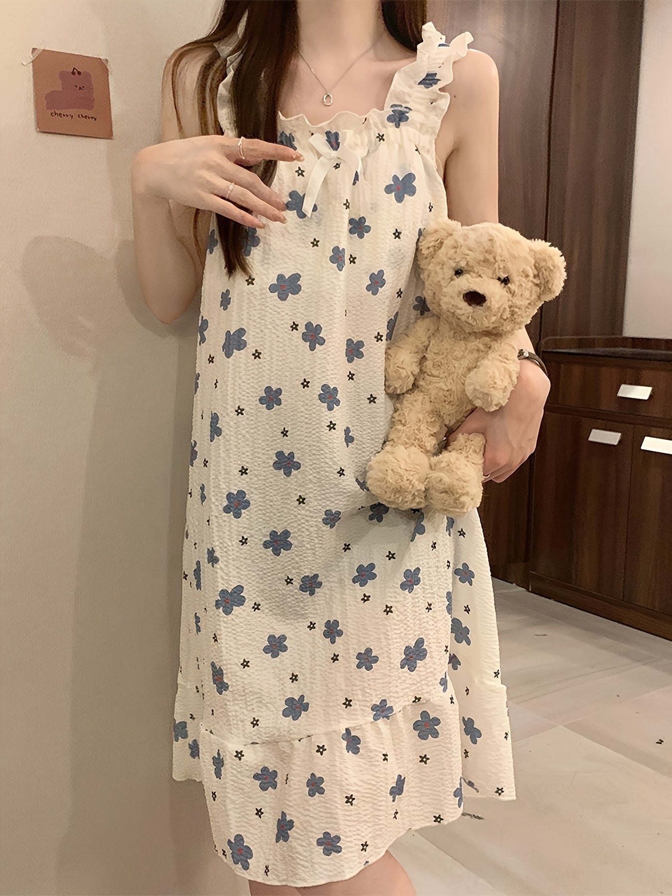 Women's Floral Textured Nightgown with Off-Shoulder Bow and Ruffle Trim Summer Sleepwear