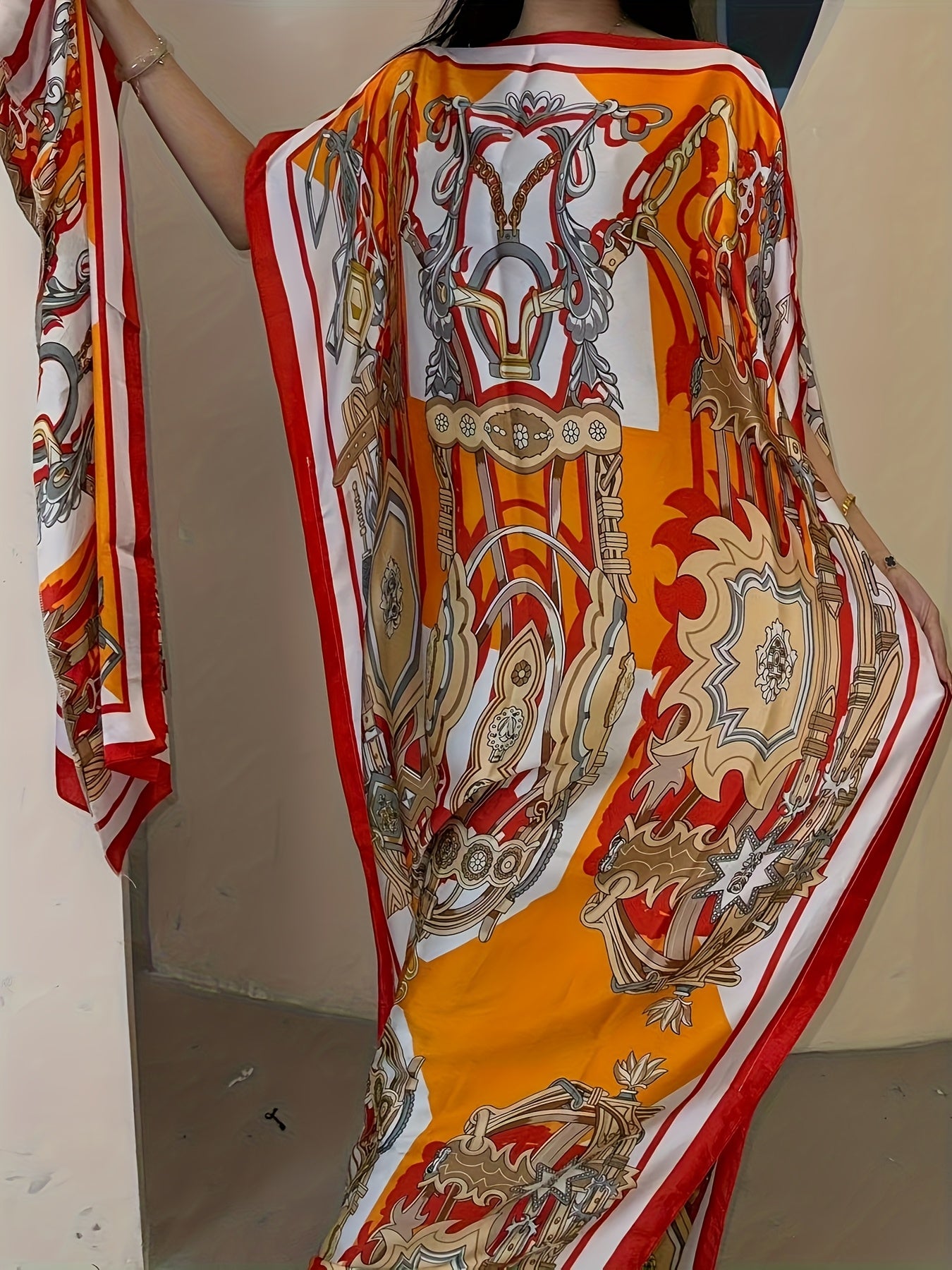 Women's Floral Print Boat Neck Abaya Batwing Sleeve Maxi Dress