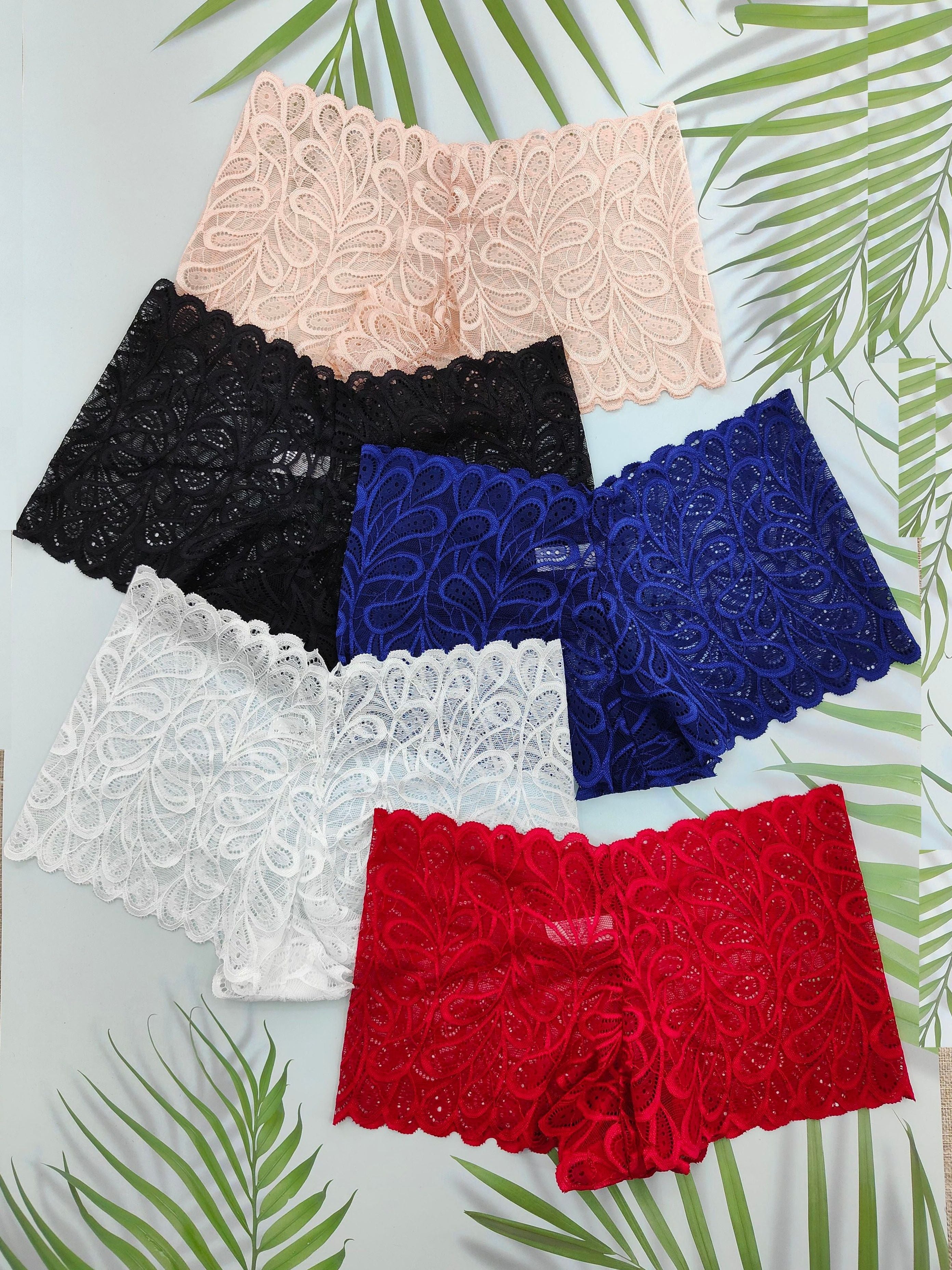 Women's Lace Boy Shorts Set 5 Pack Breathable Nylon Blend Semi-Sheer Elastic Waist