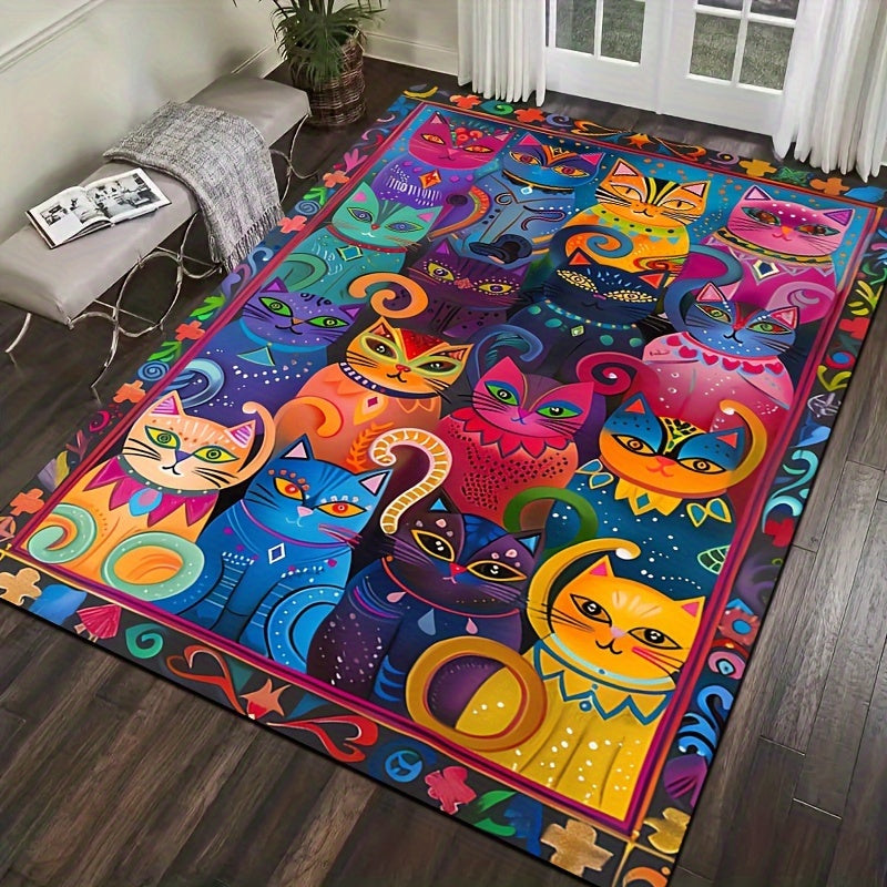 Multicolored Cat-Printed Area Rug 8mm Easy to Clean Indoor Decor