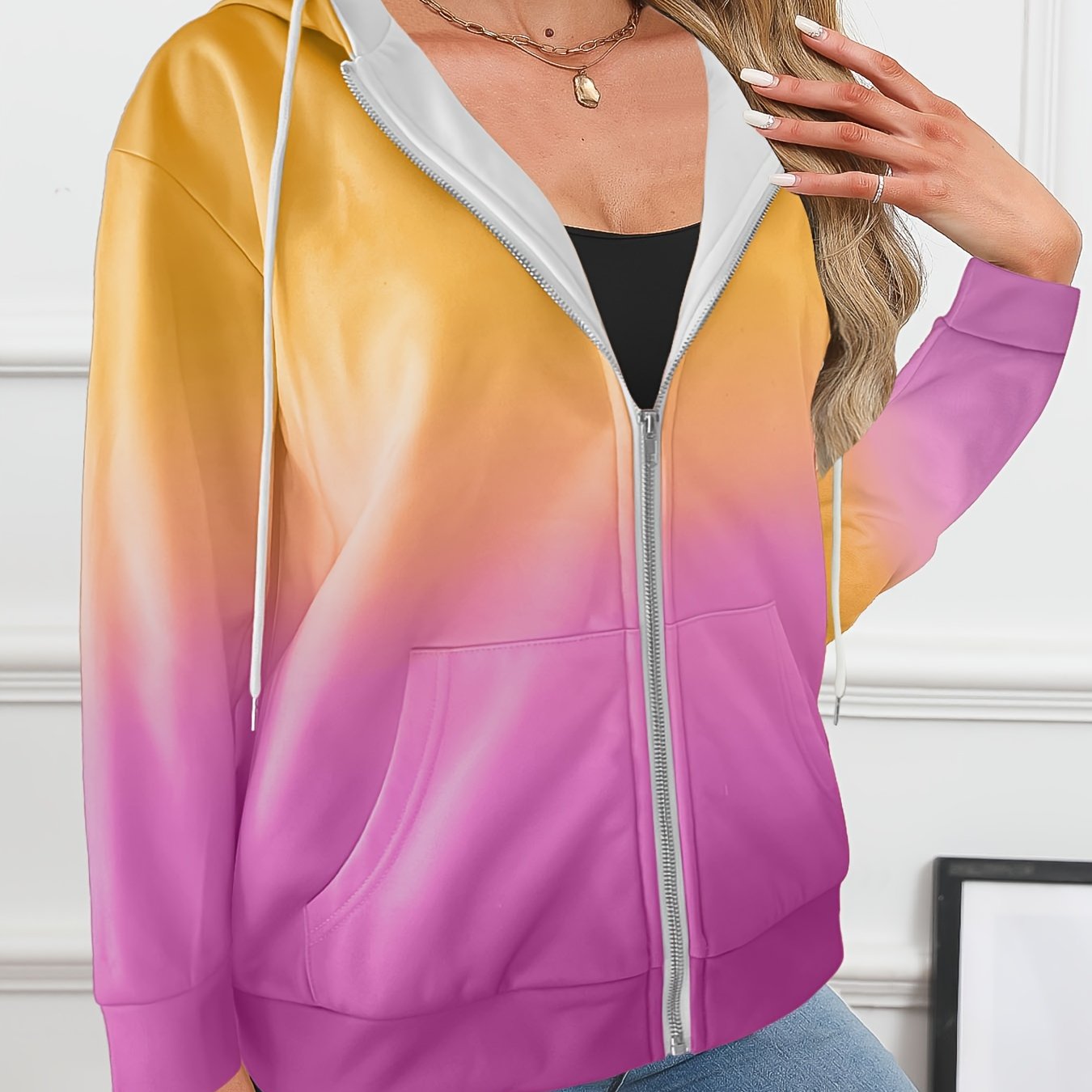 Женский худи с молнией и омбре 3D цифровой печатью, полиэстер, трикотаж, длинный рукав, повседневная куртка