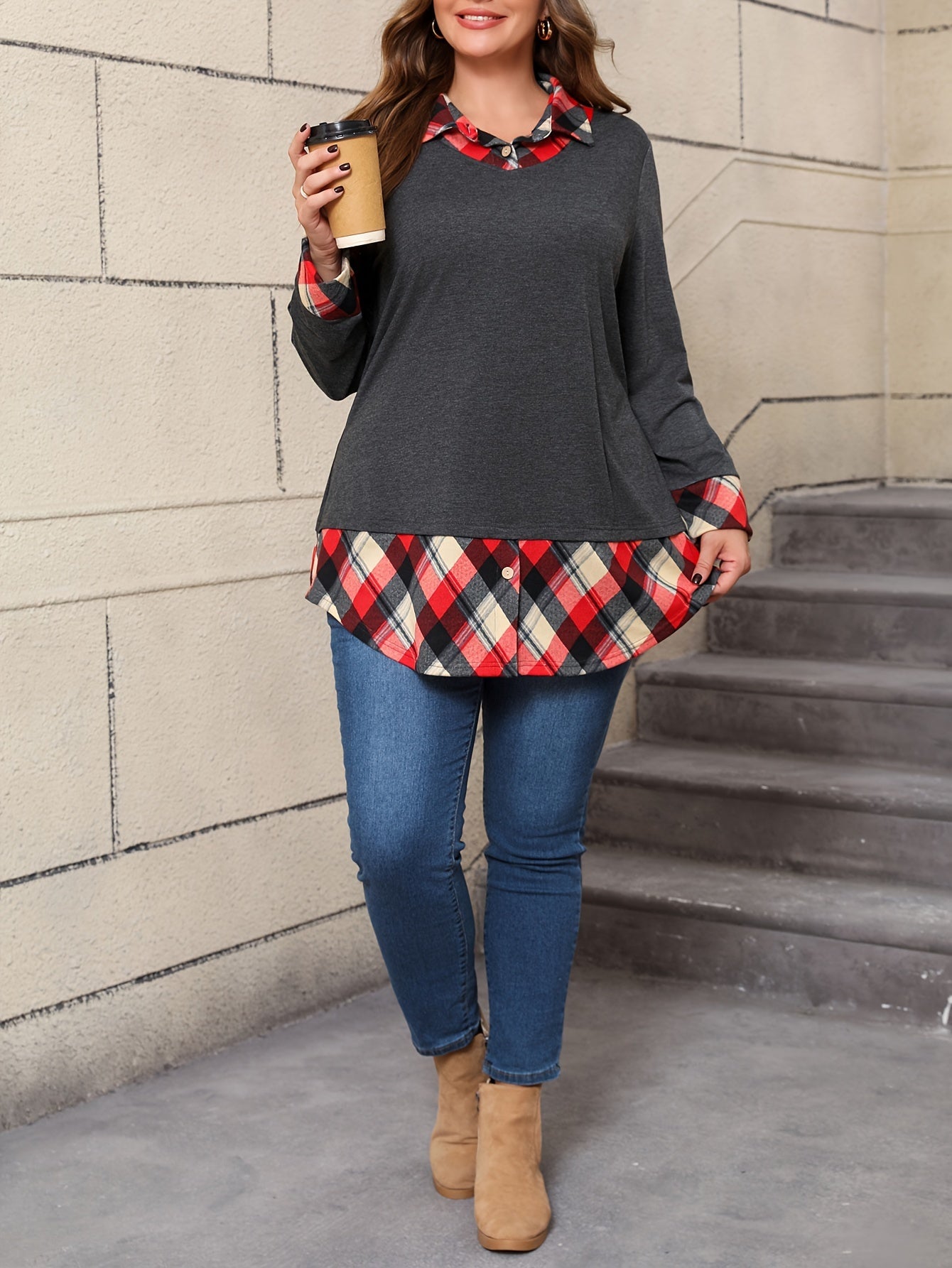 Plus Size Women's Plaid Patchwork Long Sleeve Top Faux Two-Piece Red Black Beige