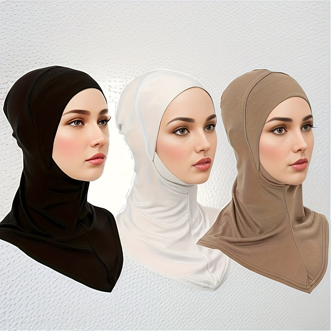 Women’s Elastic Modal Hijab Caps Pack of 3 Breathable Polyester Solid Color Head Wraps with Snap Closure