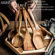 Wooden Kitchen Utensil Set with Non-Stick Spatula Soup Spoon and Spoon Combo Durable and High Quality