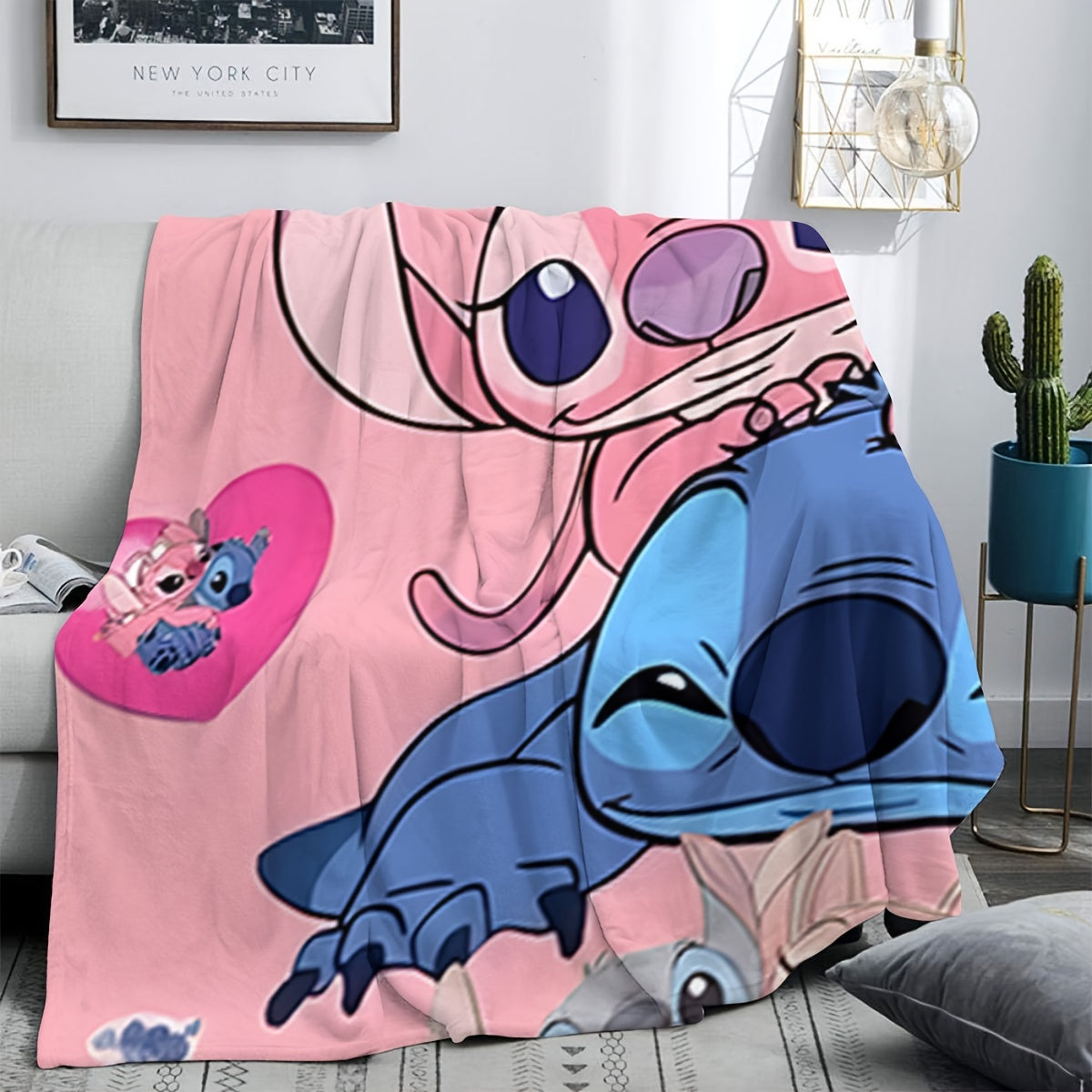 Pink Heart Stitch Cartoon Blanket Multi-Functional Knit Polyester Throw for Bedroom Couch Car