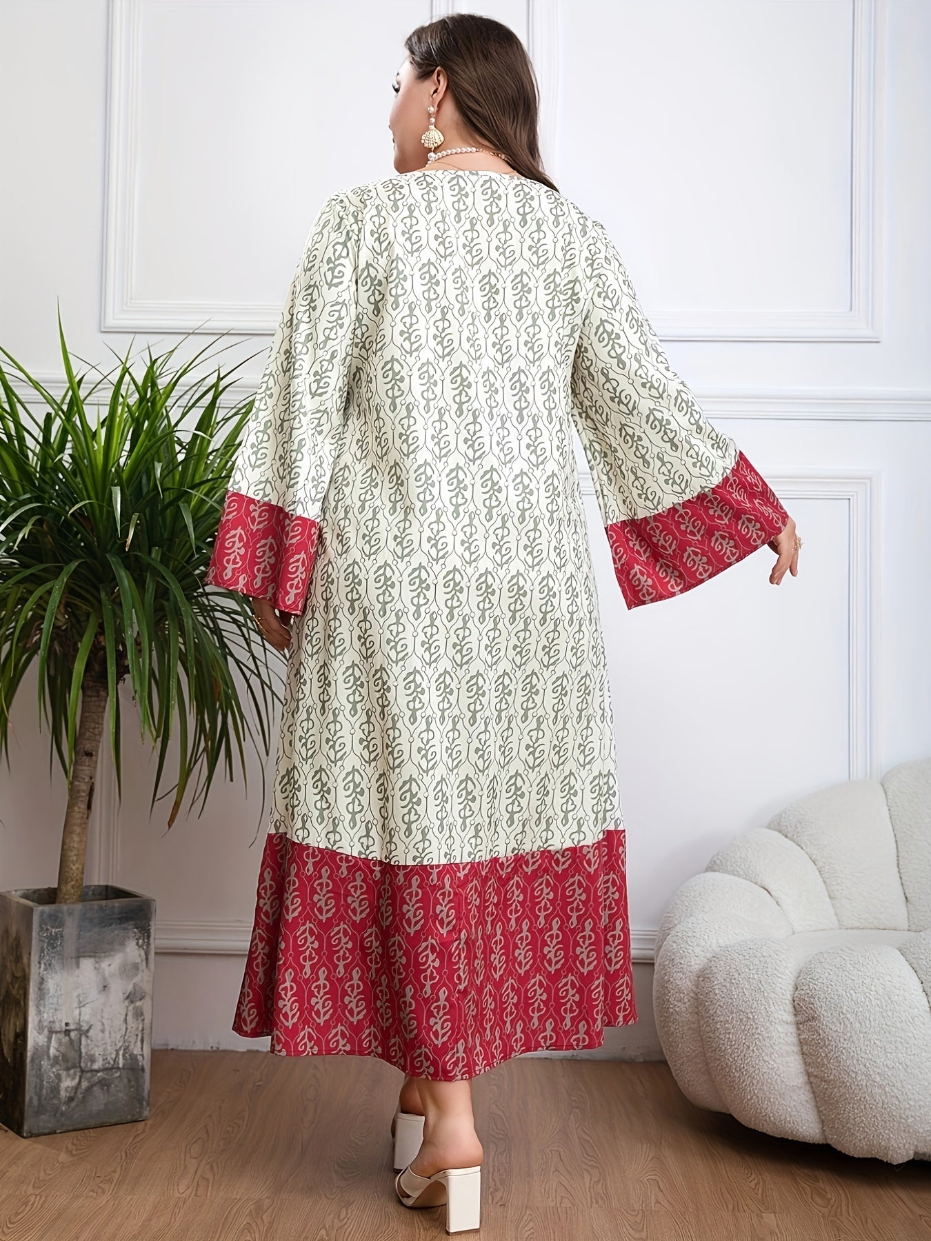 Plus Size Floral Colorblock Kaftan Dress V Neck Long Sleeve Womens Clothing