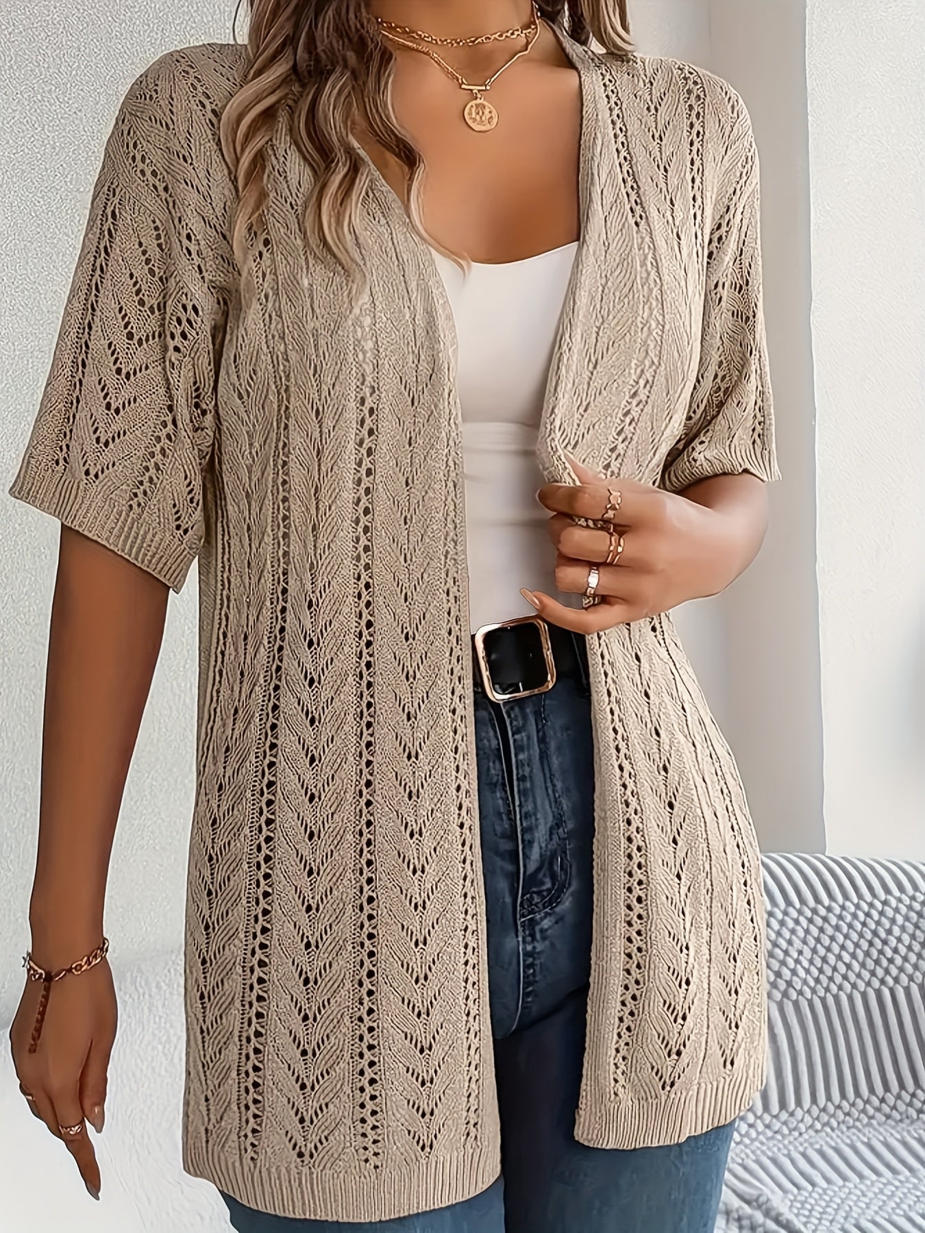 Plus Size Women's Lace Cardigan Short Sleeve Open Front Cover-Up Lightweight Summer Layer