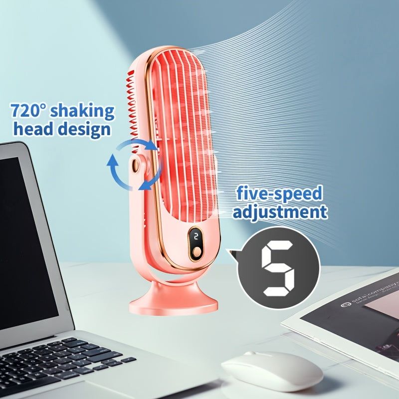 720° Oscillation Table Fan with Dual Motors, 5-Speed, USB Charging