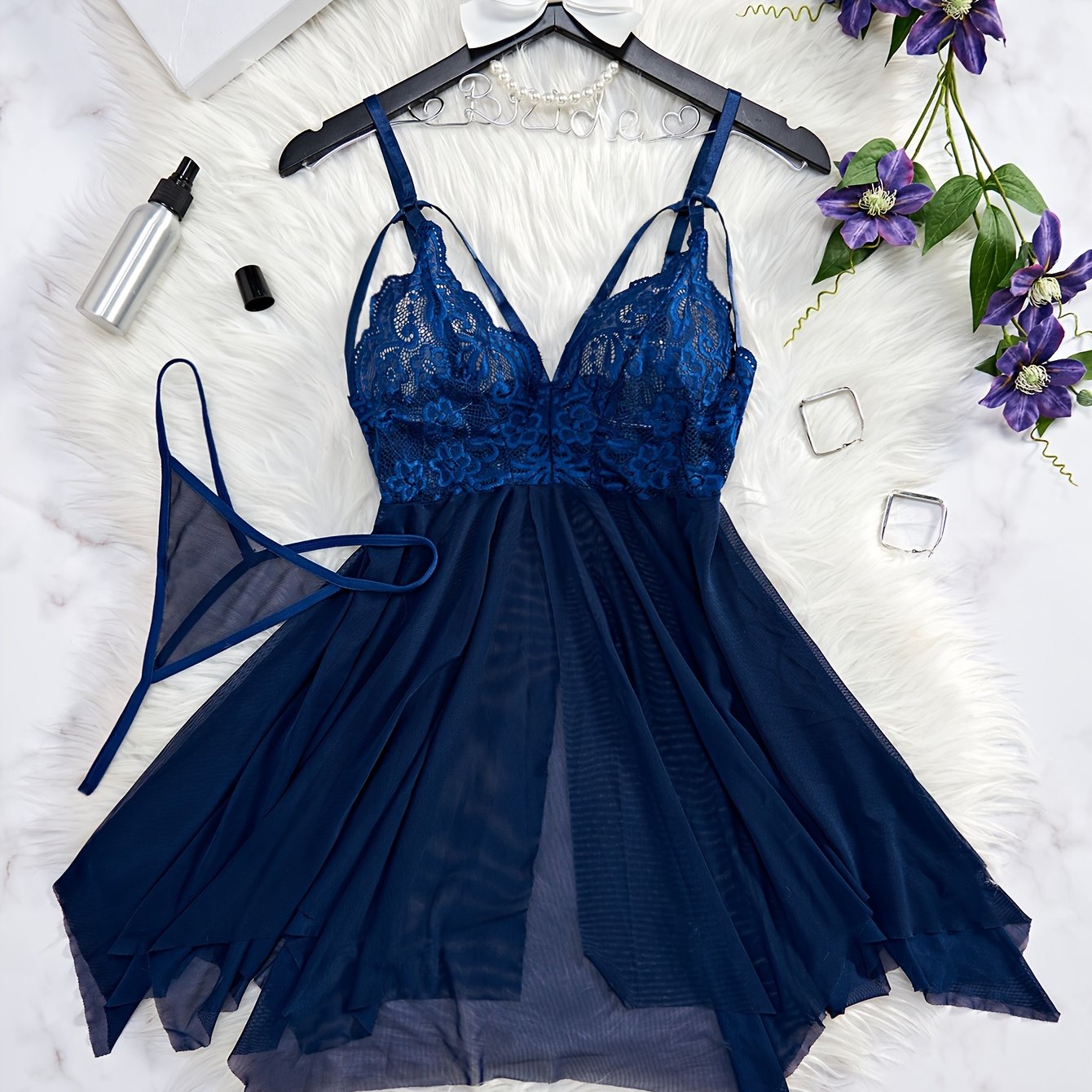 Women's Floral Lace Nightdress with Mesh Contrast V-Neck Backless Asymmetric Hem and Thongs