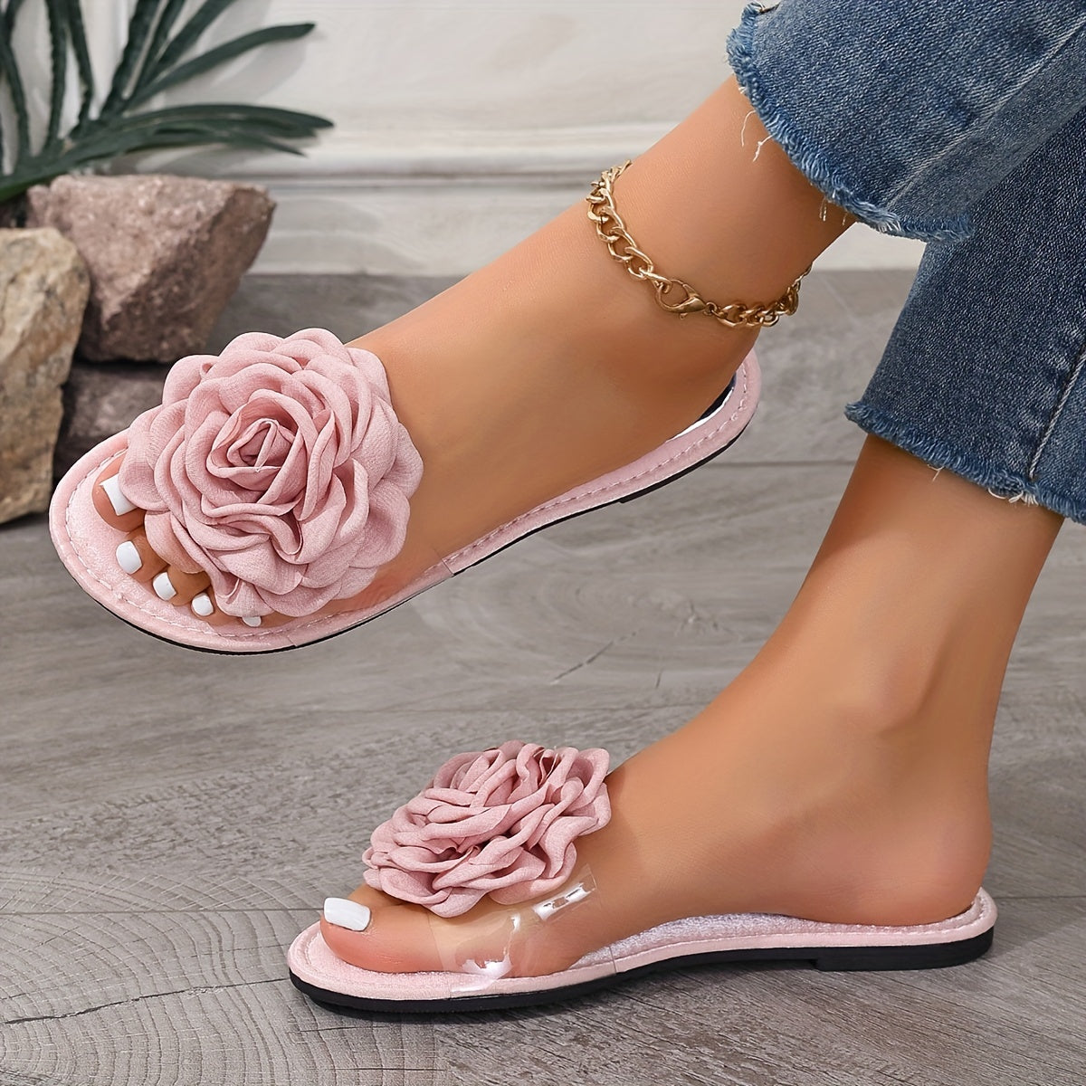 Women's Flower Decor Slip-On Flat Sandals Open Toe Summer Lightweight Shoes