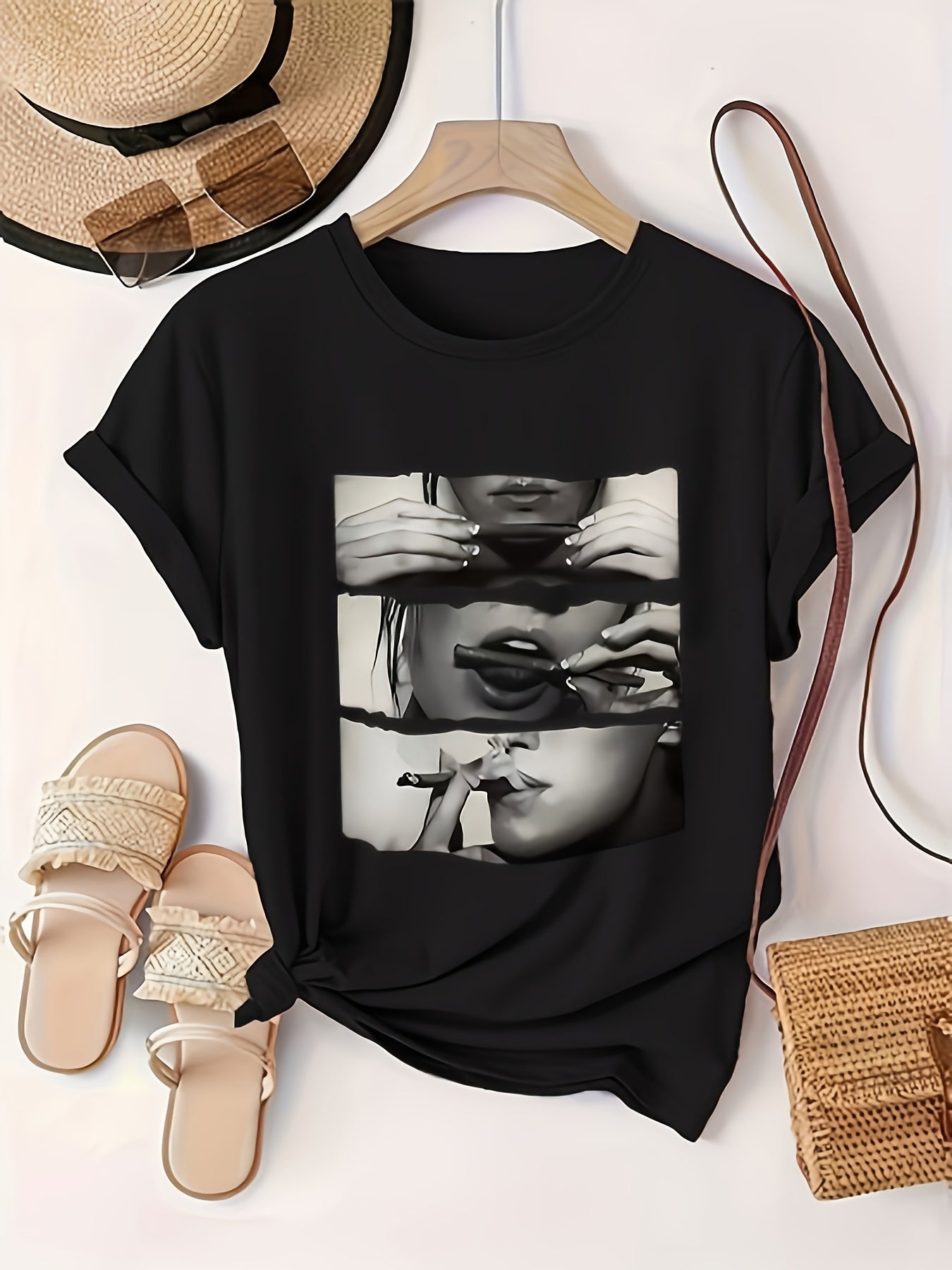 Women's Retro Artistic Print T-Shirt Black Short Sleeve Casual Top