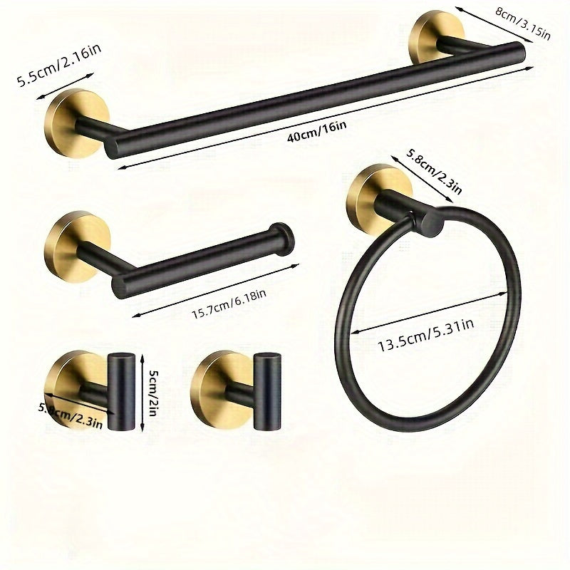 5-Piece Stainless Steel Bathroom Accessory Set Wall-Mounted Towel Bars Towel Ring Toilet Paper Holder Robe Hooks