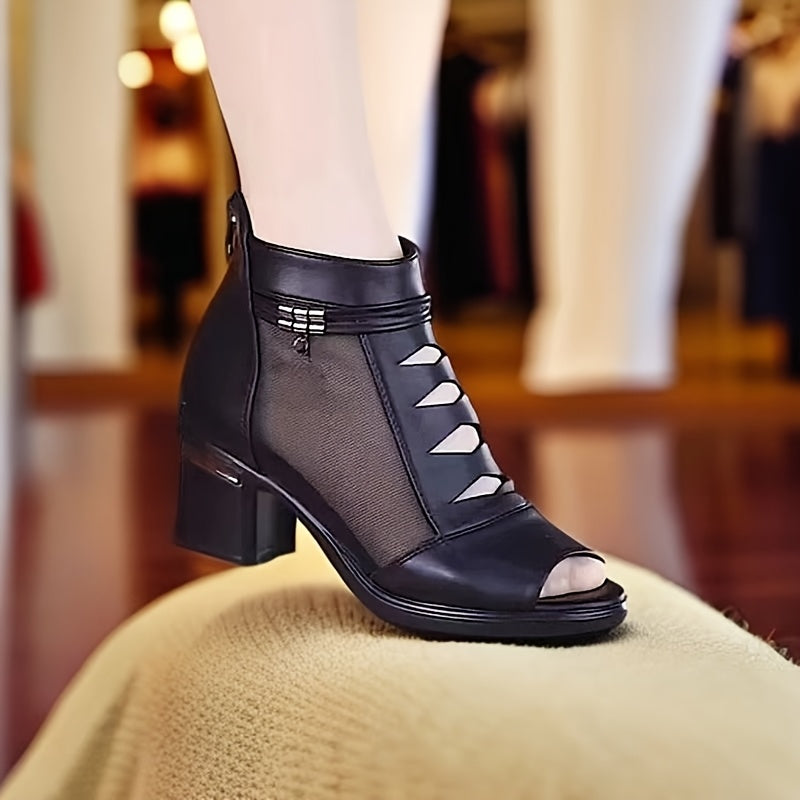 Women Short Boots Netting Block Heel Open Toe Summer Zipper Rubber Sole