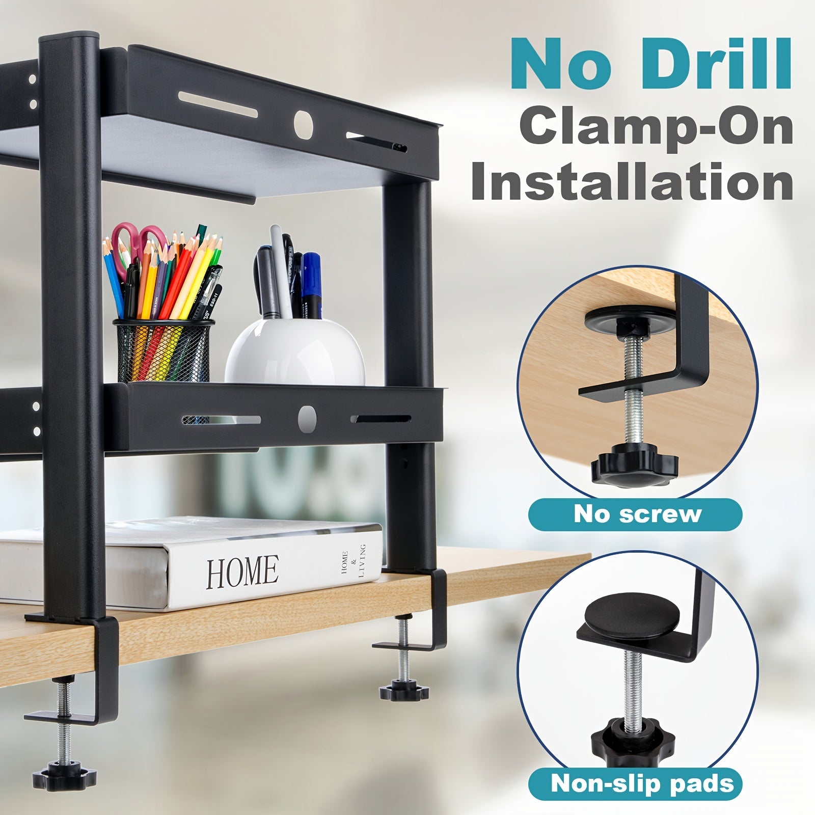 Adjustable Clamp-On Desk Organizer 43.18cm Dual Layer Metal Office Supplies Storage