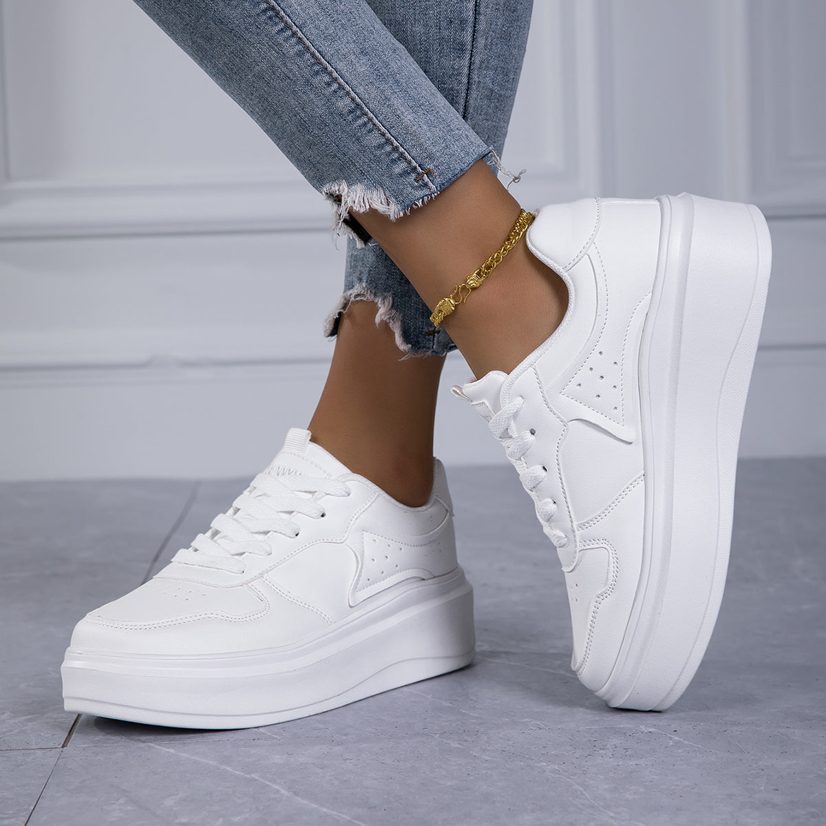 Women's White Sneakers Cushioned Platform Lace-Up Shoes All-Day Comfort