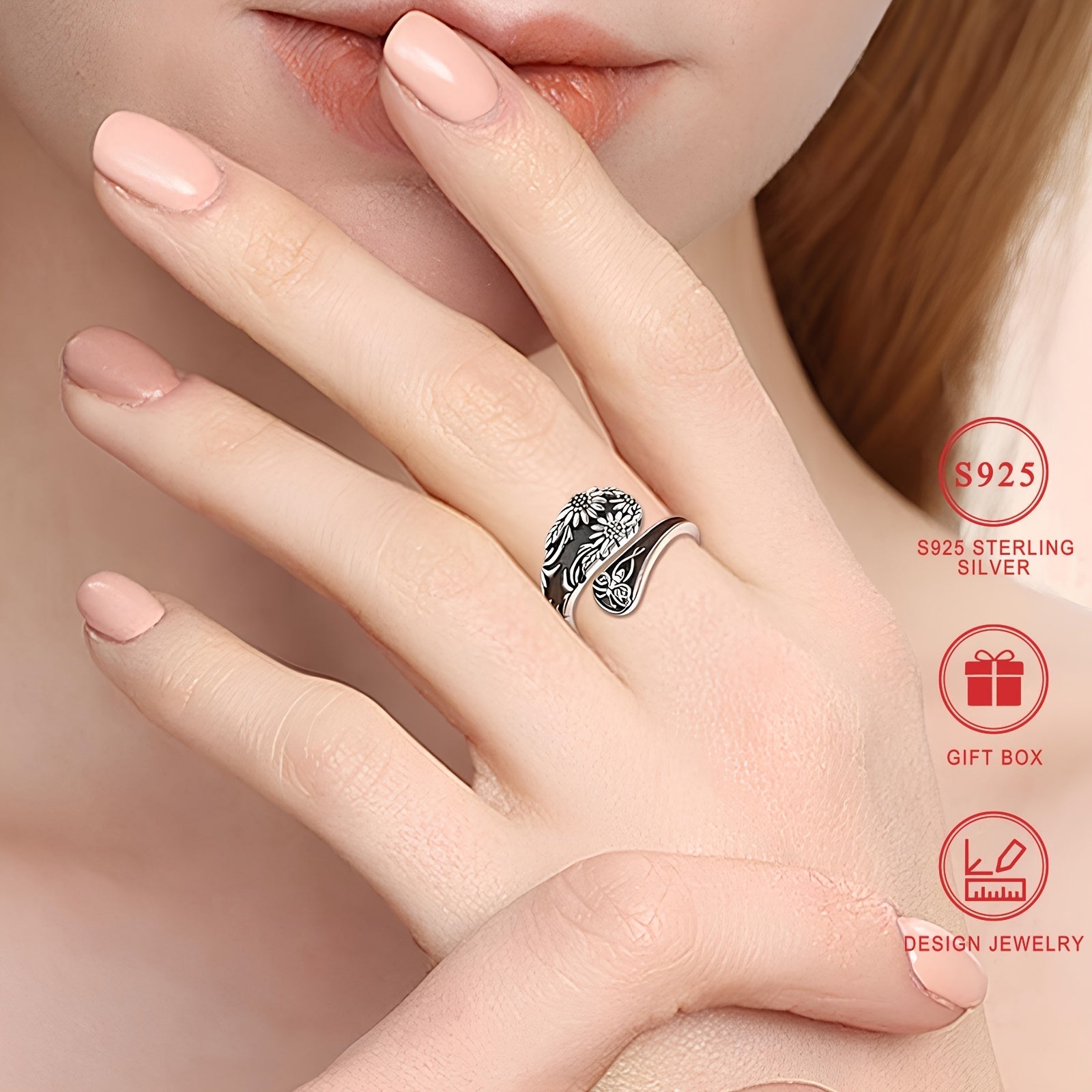 Sterling Silver Sunflower Daisy Ring Bohemian Style Floral Engraved Hypoallergenic Gift Box
