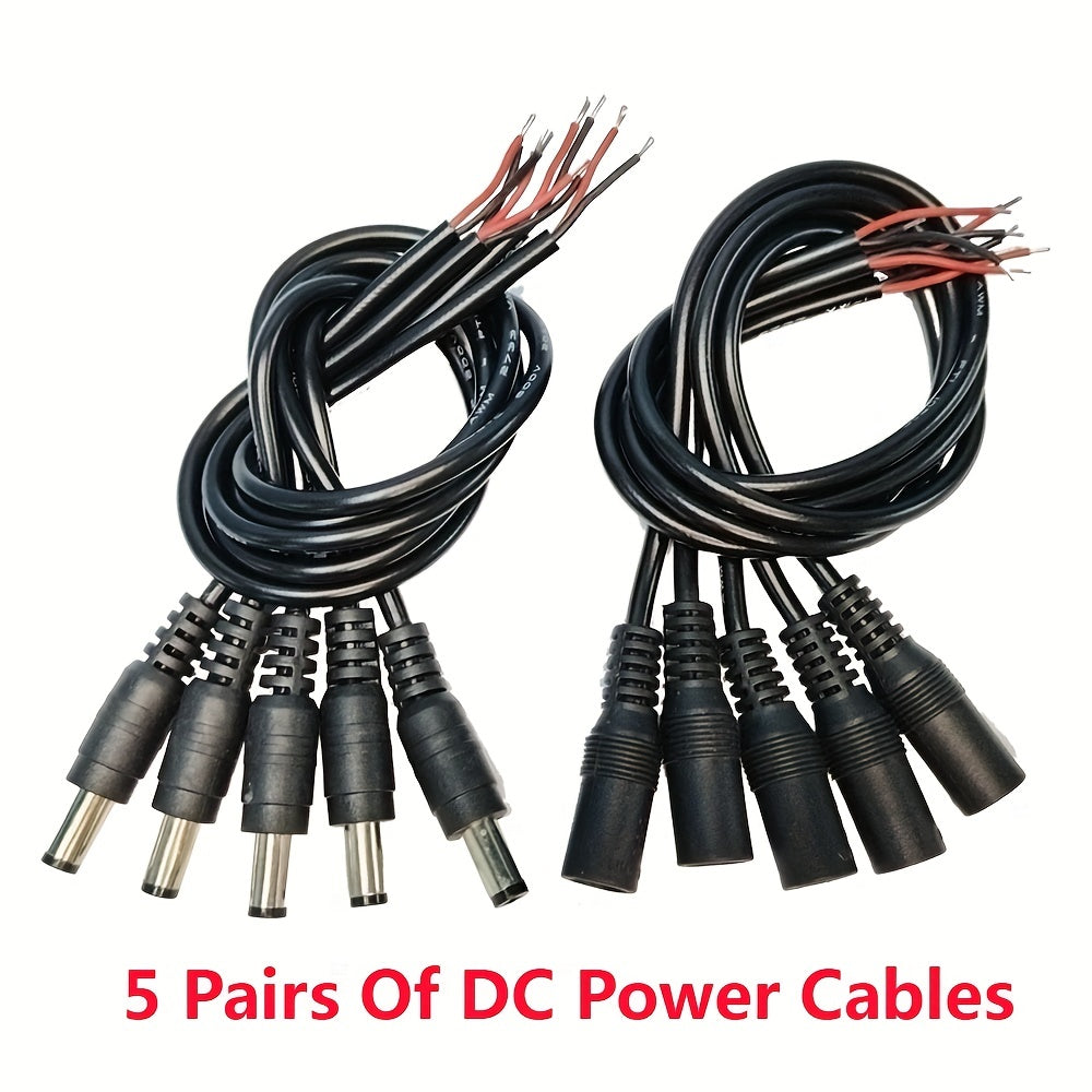 5 pares de conectores de enchufe de corriente continua macho y hembra de 12V 5.5x2.1mm con cables negros