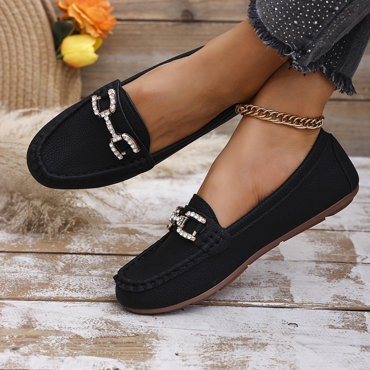 ayollar uchun slip-on tufli, faux cover yuqori qismi, kauchuk taglik, kundalik poyafzal