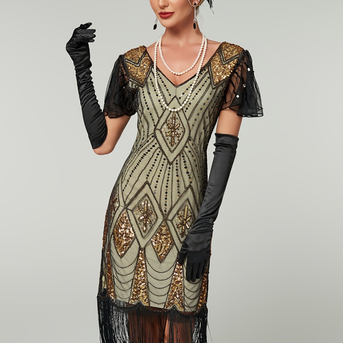 Women's Sequin Fringe Flapper Dress V-Neck Cocktail Gown Evening Wear