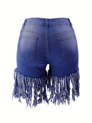 Plus Size Women's Denim Shorts Elastic Button Fly Fringe Trim Casual denim shorts