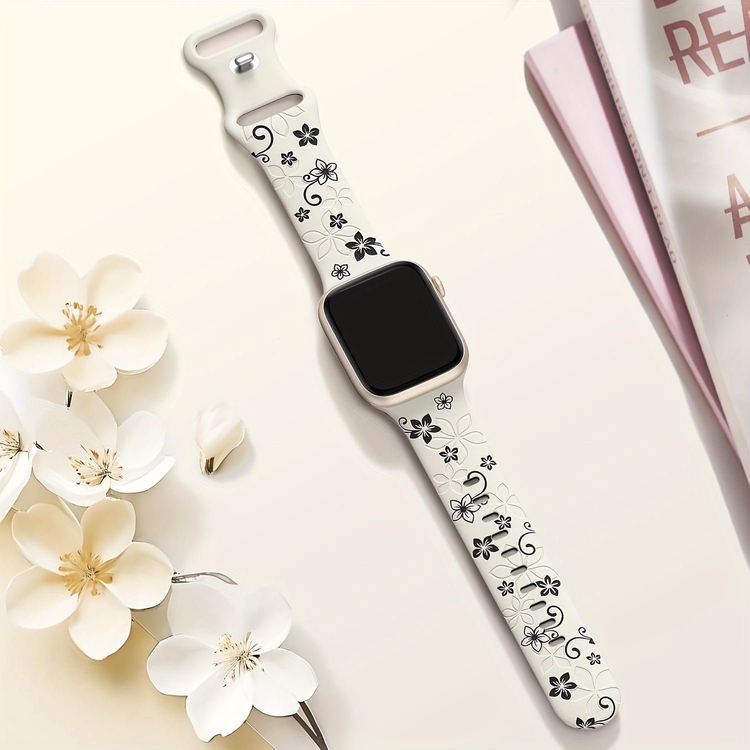 Waterproof Floral Silicone Watch Band with Butterfly Clasp for Apple Watch Series 1-10 SE in Multiple Colors