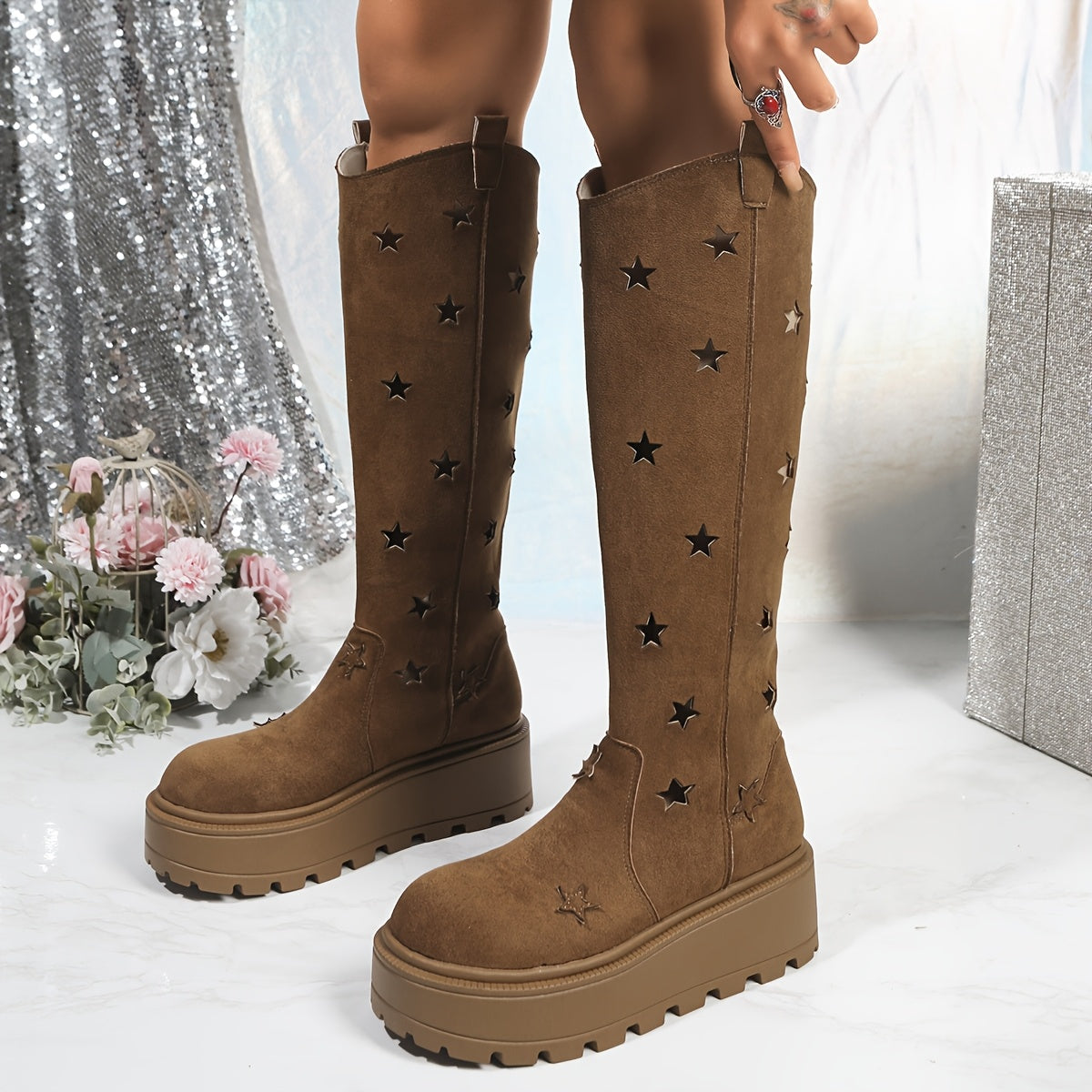 Women's Spring Ankle Boots Rubber Platform Slip-On Beige Star Embellishments