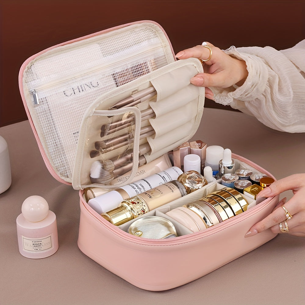 Bolsa de maquillaje impermeable unisex con compartimentos para cosméticos y artículos de aseo en beige y rosa