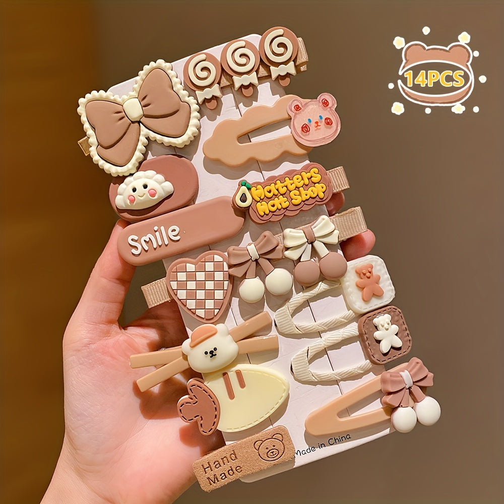 14 ta preppy uslubidagi karikatura soch qisqichlari aralash ranglarda, polyesterdan tayyorlangan. Bolalar uchun yil davomida shirin va ko'p maqsadli soch aksessuarlari.