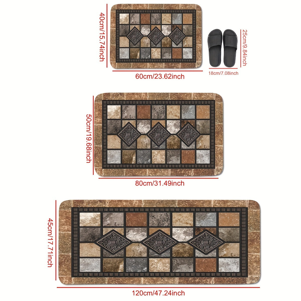 Vintage Tile Design Non-Slip Door Mat - Bir nechta o'lcham variantlari bilan - Singdiruvchi, dog'ga chidamli va kirish joyi, oshxona, hammom uchun moslashtiriladigan. | Qo'l bilan yuviladigan polyester gilam