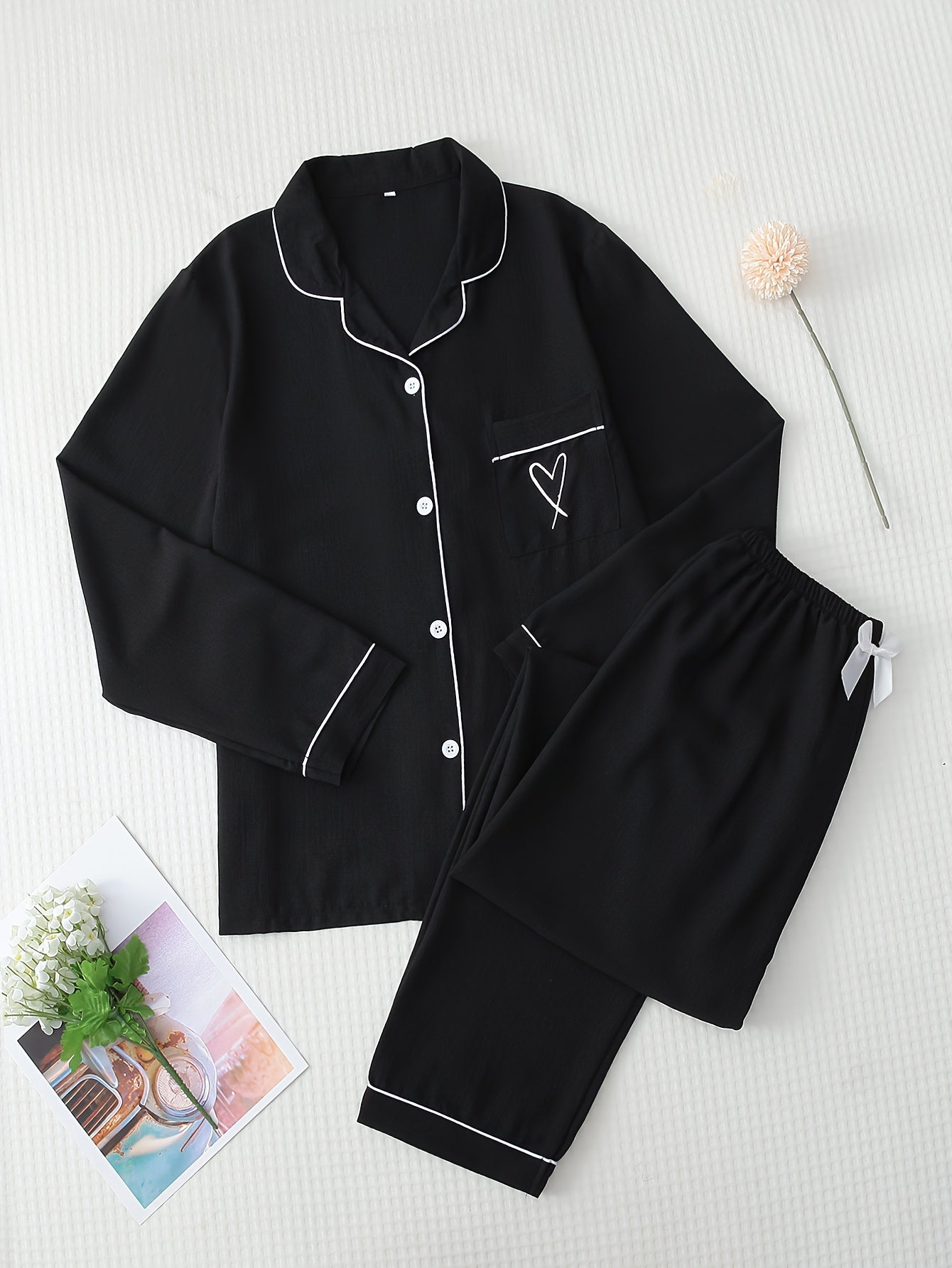 Women's Heart Print Pajama Set Long Sleeve Button Top Elastic Waistband Pants Fall Lounge Sleepwear