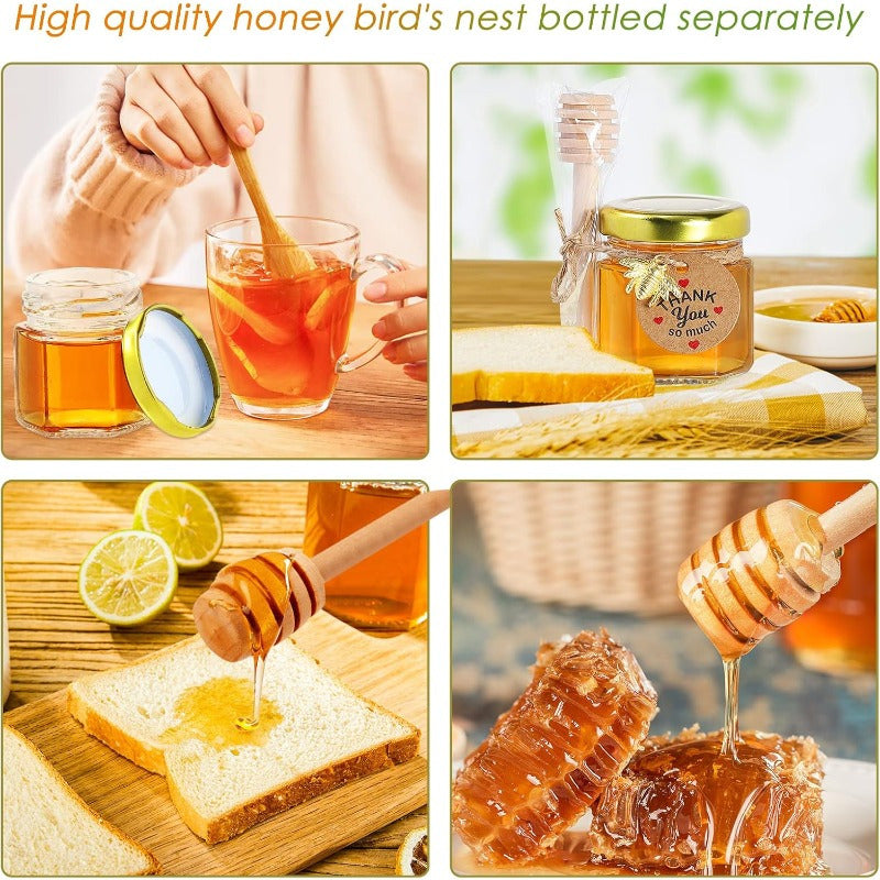 Honey Jar Set with Wooden Dipsticks Hexagonal Glass Containers Gold Lids Bee Accents for Weddings and Party Favors