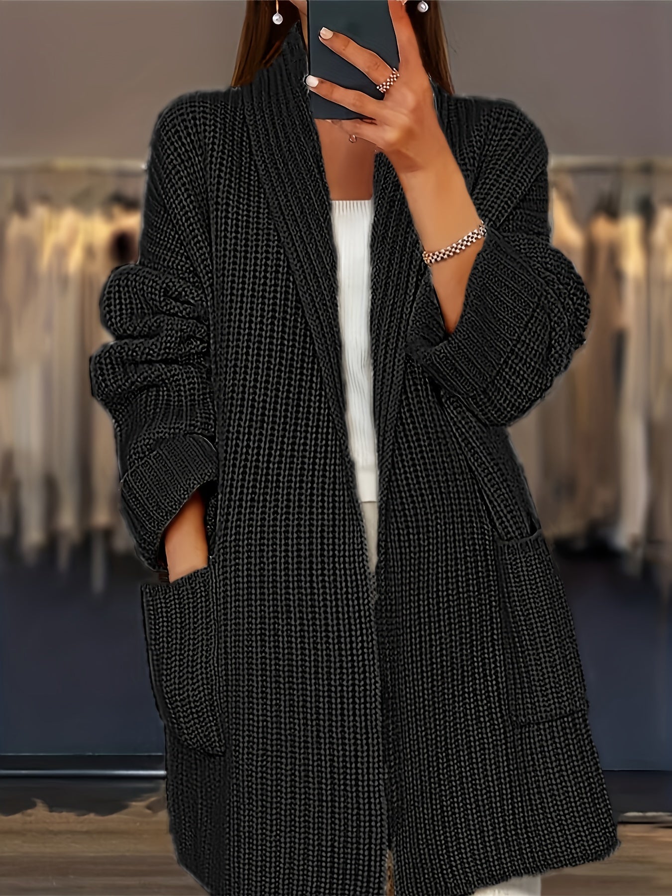 Plus Size Solid Color Knit Cardigan for Women Polyester Open Front with Pockets for Fall Winter